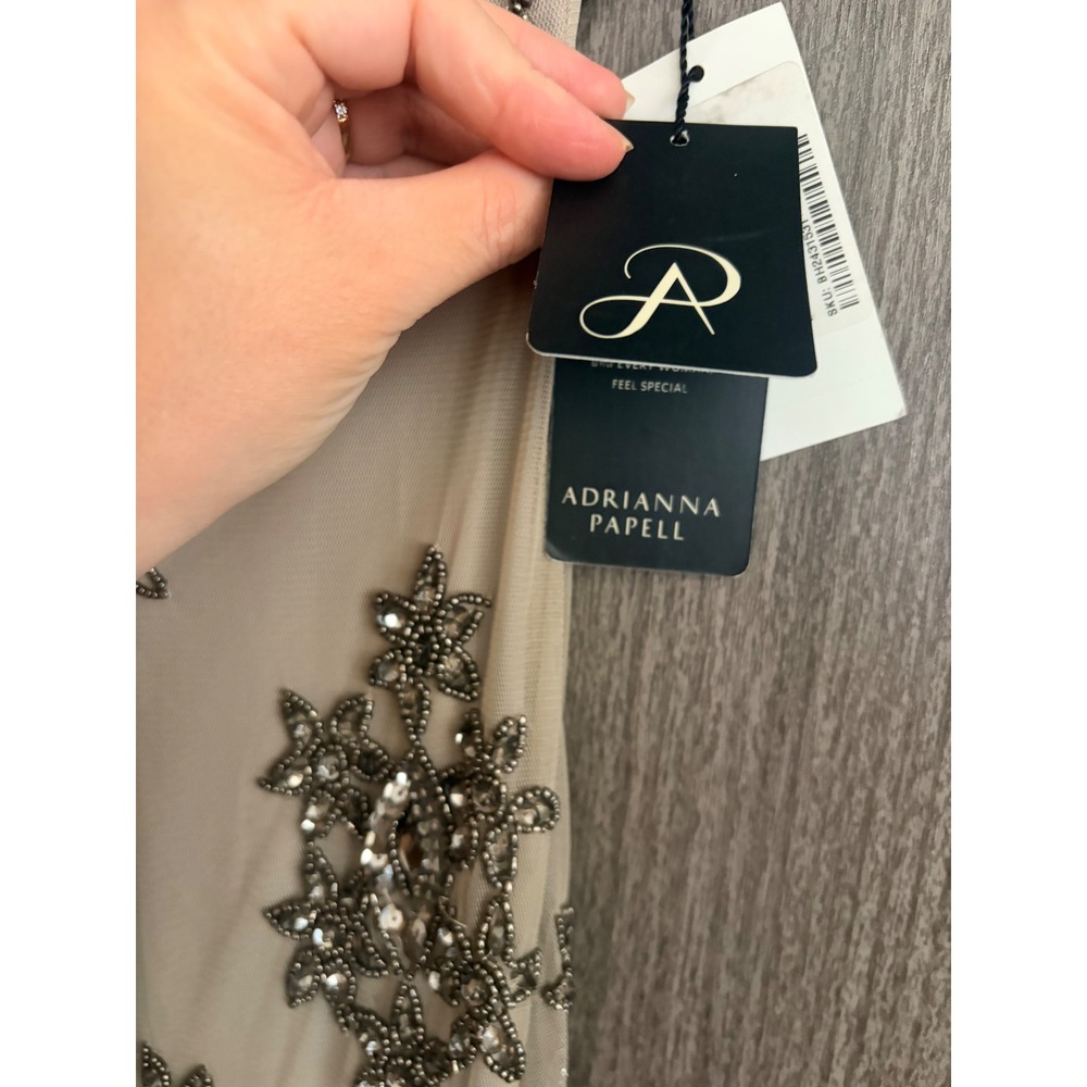 Adrianna Papell Beaded Mesh Gown NWT Silver Taupe Cap Sleeve Maxi Dress 4 - Picture 7 of 9